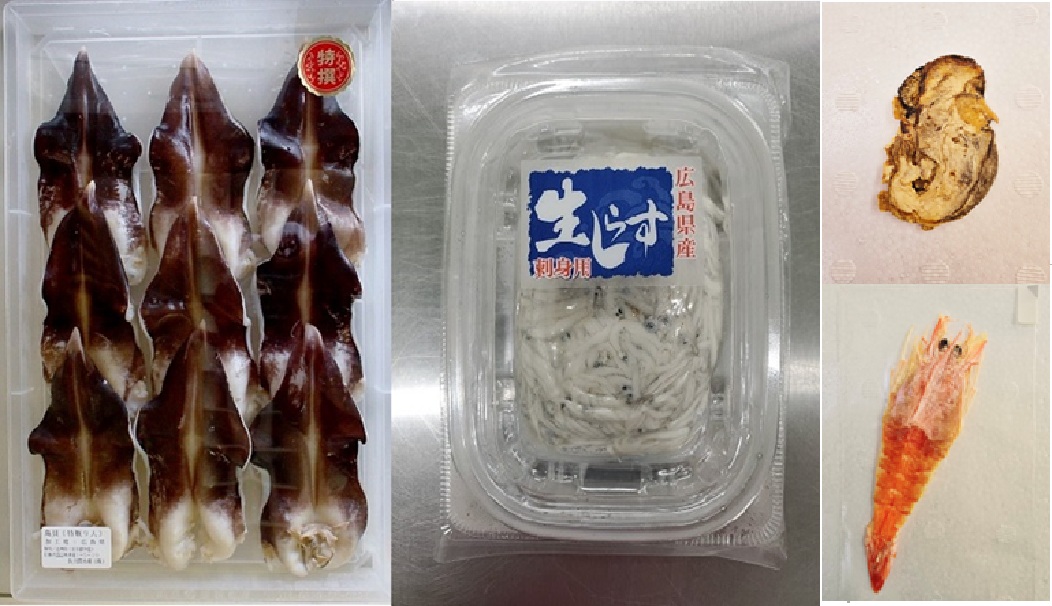 国内産ボイル鳥貝（冷凍）、冷凍生シラス・小イワシ刺身、広島かきのそのまま焼、開き海老そのまま焼